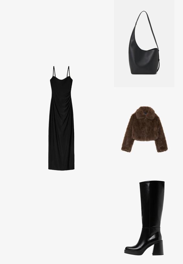 Ruskea tekoturkiskauluspusero, jossa on leveä kaulus, etuvetoketju ja pitkät hihat. Pehmeä tekstuuri, jossa on pörröinen ulkonäkö.; Mustat midi-mekko, jossa on ohuet säädettävät olkaimet. Mekossa on liehuva muotoilu ja sileä pinta. Ei näkyviä kuvioita tai koristeluja.; Musta polvipitkä saappaat, jotka on valmistettu kiiltävästä materiaalista. Niissä on jämäkkä lohkokanta ja pyöristetty kärki. Saumavyötärö juoksee ulkosivua pitkin.; Musta nahkainen hobo-laukku, jossa on sileä pinta, kaareva muoto ja yksi säädettävä olkahihna; sisäänkäynti on leveä ylhäältä.