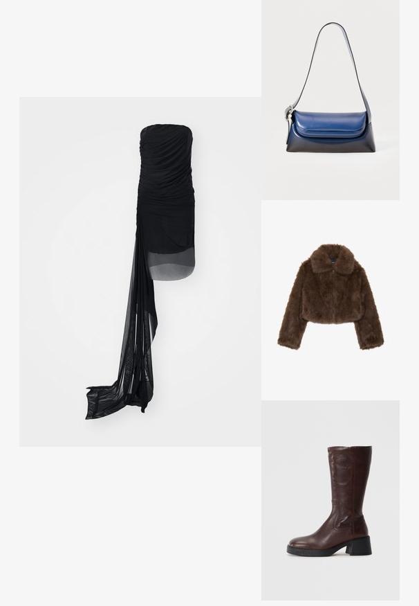 Hnědá umělá srst zkrácená bunda s širokým límcem, předním zipovým uzávěrem a dlouhými rukávy. Měkká textura s nadýchaným vzhledem.; Černé šaty bez ramínek s nařasenou tkaninou, vyznačující se průsvitným přehozem a prodlouženým, splývavým panelem na jedné straně. Hladká textura po celé ploše.; Hnědá kožená vysoká bota do kolen s texturovaným povrchem, čtveratou špičkou a nízkým blokovým podpatkem. Má boční prošívání a mírně rozšířený vršek.; Námořnická kožená kabelka s hladkým povrchem, zaobleného tvaru, s sklopeným vrchem a jedním ramenním popruhem. Obsahuje stříbrné kovové doplňky.