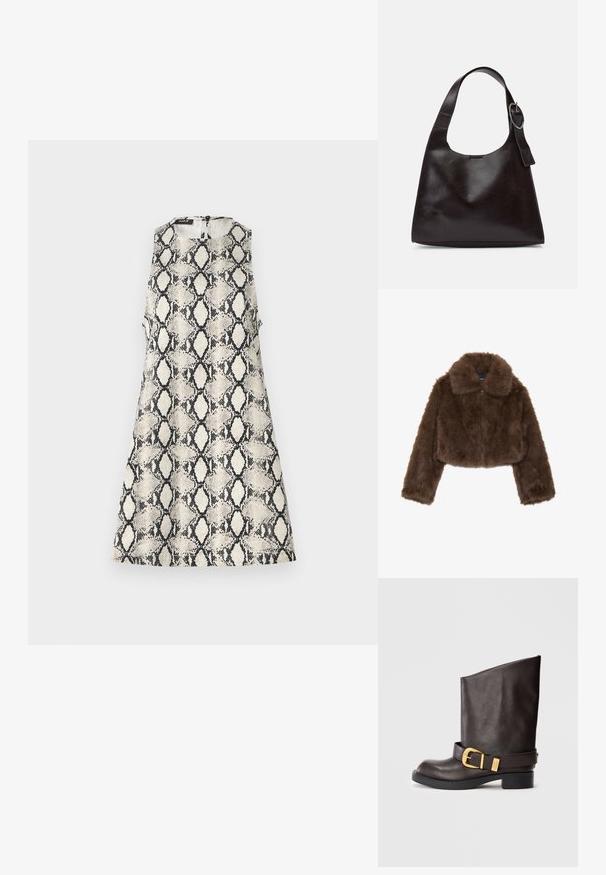 Brah čoklasta umetna krznena kratka jakna z širokim ovratnikom, sprednjim zadrgo in dolgimi rokavi. Mehka tekstura z puhastim videzom.; Halterna obleka s bež in črnim vzorcem kačjega usnja, okroglo izrezano dekolte in z zadrgo na hrbtni strani.; Temno rjave usnjene čevlje do polovice meča z črnimi podplati, nizkim peto in dekorativnim zlatim pasom okoli gležnja, prikazano s strani.; Rjava usnjena torba za ramo z gladko teksturo, okroglo obliko, širokim trakom in krožno kovinsko akcenco na ročaju.