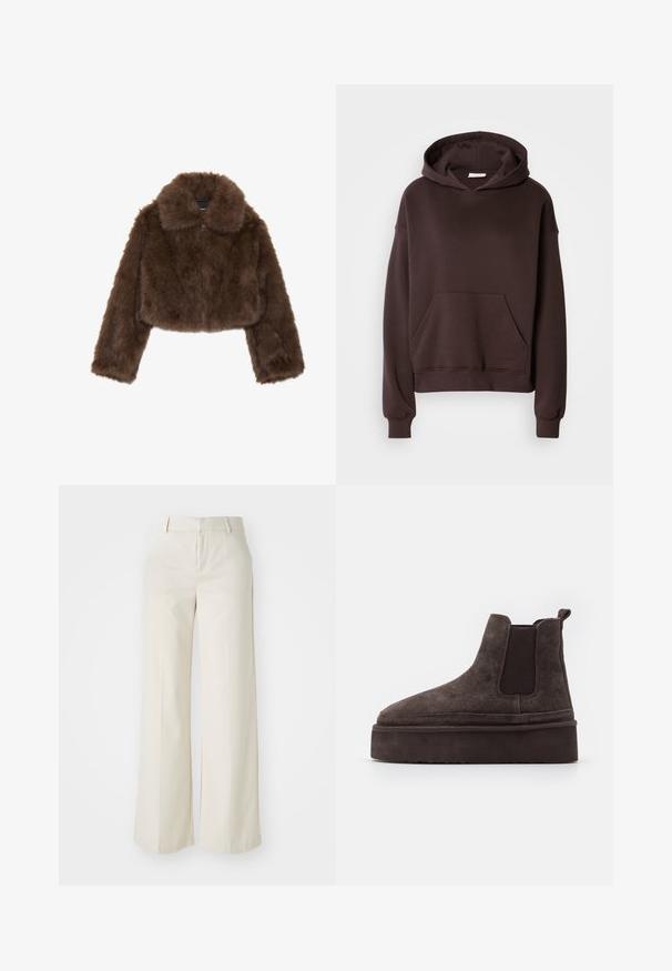 Brah čoklasta umetna krznena kratka jakna z širokim ovratnikom, sprednjim zadrgo in dolgimi rokavi. Mehka tekstura z puhastim videzom.; Rjava kapuca iz mehkega blaga, s velikim pokrovom, sprednjim žepom ter rebrastimi manšetami in robom. Preprost, sproščen dizajn brez vzorcev.; Široke hlače v svetlo bež barvi, izdelane iz gladkega materiala. Imajo klasičen pas in ravno sprednjo stran z čistimi linijami.; Rjave semiš Chelsea čizme z elastičnimi stranskimi paneli in debelim, teksturiranim platformnim podplatom. Imajo zanko na peti za lažje oblačenje.