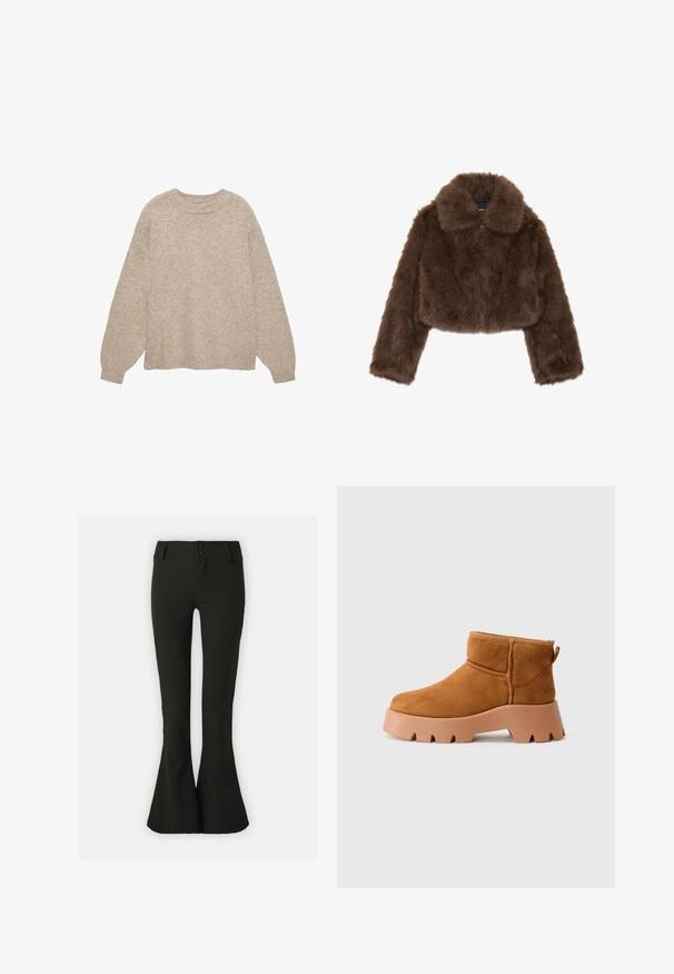 Barna műszőrme cropped dzseki széles gallérral, elülső cipzárral és hosszú ujjakkal. Puha tapintású, bolyhos megjelenésű.; Beige kötött pulóver kerek nyakkivágással, hosszú ujjakkal és texturált felszíni kidolgozással. Jellemzője a bordás mandzsetta és alj. Laza szabás, minimalista dizájn.; Fekete, enyhén bővülő nadrág sima anyagból, magas derékkal, két gombos záródással és karcsúsított sziluettel.; Tan színű velúr boka csizmák lekerekített orral, texturált barna talppal és húzófüllel. Kiemelkedő jellemzői a varrott varrat és a vastag talpú kialakítás.
