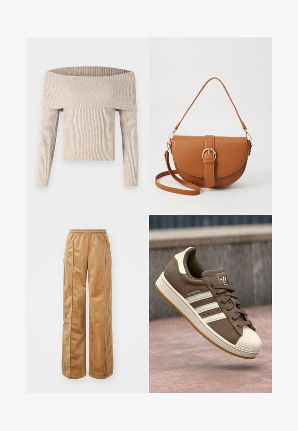 Bruine nepbont cropped jas met een brede kraag, ritssluiting aan de voorkant en lange mouwen. Zachte textuur met een pluizige uitstraling.; Beige off-the-shoulder geribde gebreide trui met lange mouwen en een aansluitend lijfje, voorzien van een brede, gevouwen halslijn en textuurstof.; Tan wijde broek van zacht, fluweelachtig materiaal. Voorzien van een elastische tailleband en verticale naden aan de voorkant voor extra detail.; Bruine suède sneakers met witte strepen, crème accenten en een rubberen shellneus. Voorzien van een vetersluiting en een textuur van gumzool.; Bruine leren schoudertas met een gebogen vorm, gouden hardware en een gespaccent. Bevat een afneembare schouderriem.