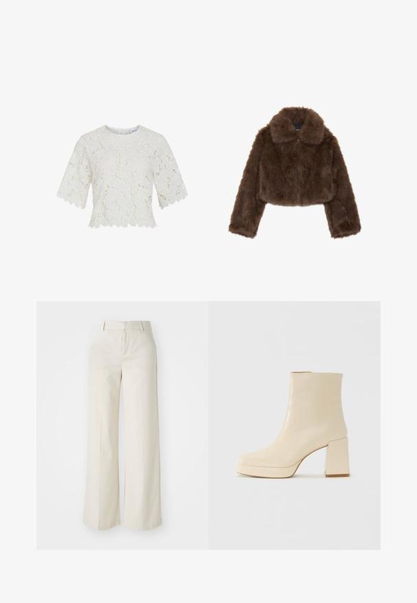 Brah čoklasta umetna krznena kratka jakna z širokim ovratnikom, sprednjim zadrgo in dolgimi rokavi. Mehka tekstura z puhastim videzom.; Bela čipkasta bluzica s kratkimi rokavi, cvetličnim vzorcem, valovitim robom in okroglo ovratnikom. Lahka tkanina, zapletena detajlinga povsod.; Široke hlače v svetlo bež barvi, izdelane iz gladkega materiala. Imajo klasičen pas in ravno sprednjo stran z čistimi linijami.; Bež usnjena gležnjarica z blok peto in platformo, gladka površina in rahlo kvadratni prst, obrnjena levo na belem ozadju.