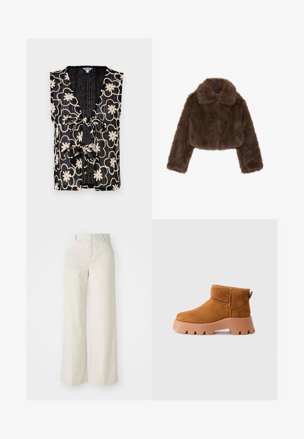 Braune Kunstfell-Shortjacke mit breitem Kragen, durchgehendem Reißverschluss und langen Ärmeln. Weiche Textur mit einem flauschigen Aussehen.; Schwarzes ärmelloses Top mit V-Ausschnitt, das ein kreisendes Blumenmuster in Creme zeigt und einen gebundenen Frontverschluss hat. Strukturiertes Gewebe mit geripptem Aussehen.; Weite Hosen in einem hellbeigen Farbton, aus einem glatten Stoff gefertigt. Mit einem klassischen Bund und flachem Vorderteil, das klare Linien zeigt.; Helle Wildlederstiefeletten mit runder Spitze, einer strukturierten braunen Sohle und einer Zuglasche. Mit einer gesteppten Naht und einem klobigen Plateaudesign.