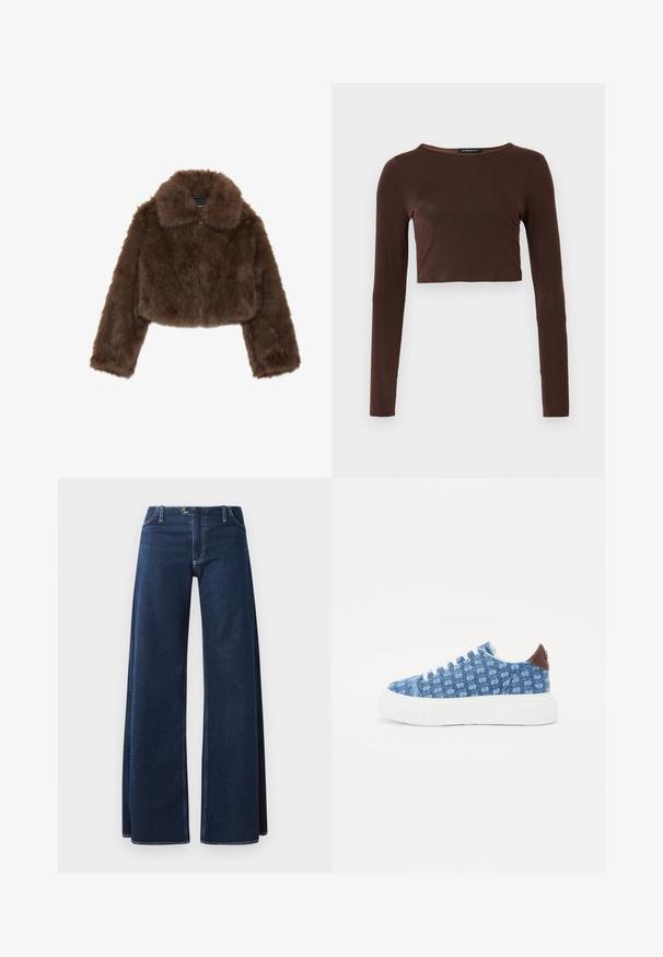 Brown faux fur cropped jacket with a wide collar, front zip closure, and long sleeves. Soft texture with a fluffy appearance.; Brown long-sleeve cropped top made of smooth material, featuring a rounded neckline and form-fitting design. No visible patterns or accents.; Wide-leg denim jeans in dark blue with visible stitching, front pockets, and a button closure. Made from a sturdy denim fabric.; Denim sneakers with a honeycomb pattern, white rubber sole, and brown leather heel accent. Features white laces and a rounded toe design.