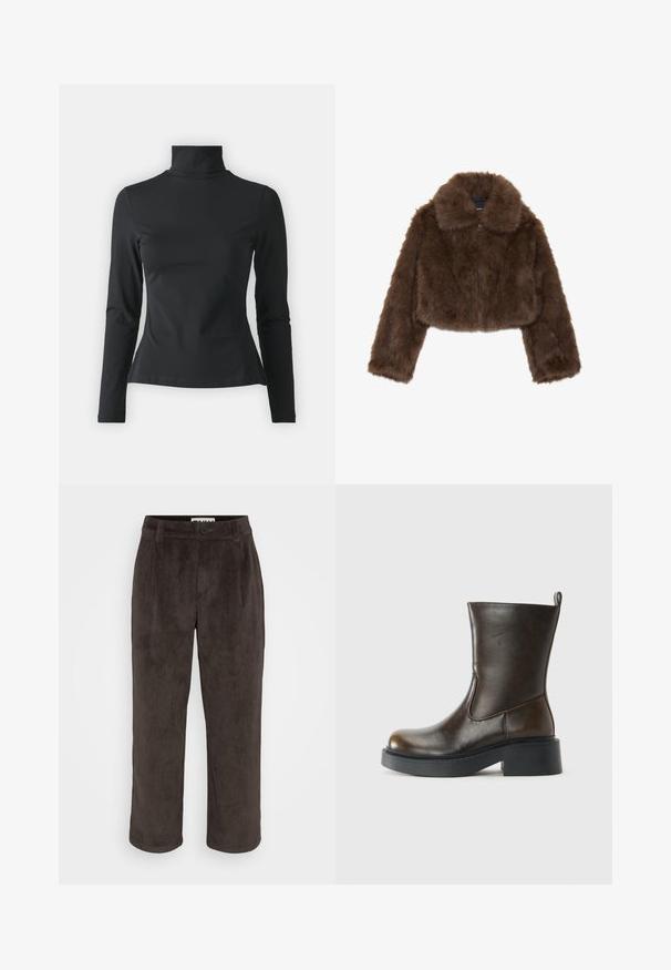 Brūns mākslīgā kažokādā veidots īsais žakets ar plašu apkakli, priekšējo rāvējslēdzēju un garām piedurknēm. Mīksta tekstūra ar pūkainu izskatu.; Even&Odd Petite Tops ar garām piedurknēm - black; Brūni korduroja bikses ar taisnā kāju dizainu, smalku tekstūru un priekšu ar pogu aizdari, kā arī sānu kabatām.; Tumši brūni pusgarie ādas zābaki ar noapaļotu purngalu, biezu melnu zoli, zemu blokveida papēdi un vilkšanas cilpu aizmugurē.