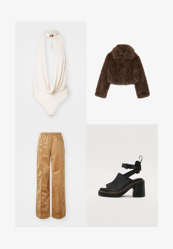 Barna műszőrme cropped dzseki széles gallérral, elülső cipzárral és hosszú ujjakkal. Puha tapintású, bolyhos megjelenésű.; Krém színű body, drapírozott nyakkivágással, pánt nélküli kialakítással és díszes arany kígyó charm medállal. Sima textúra, testhezálló sziluett.; Puha, bársonyos anyagból készült, világosbarna széles lábú nadrág. Jellemzője a gumis derék és az elülső részen végigfutó függőleges varrás, amely extra részletességet ad.; Fekete, nyitott orrú, magas sarkú szandál, állítható bokapánttal, sima bőrből készült felső résszel és texturált gumi talppal, sárga varrással kiemelve.