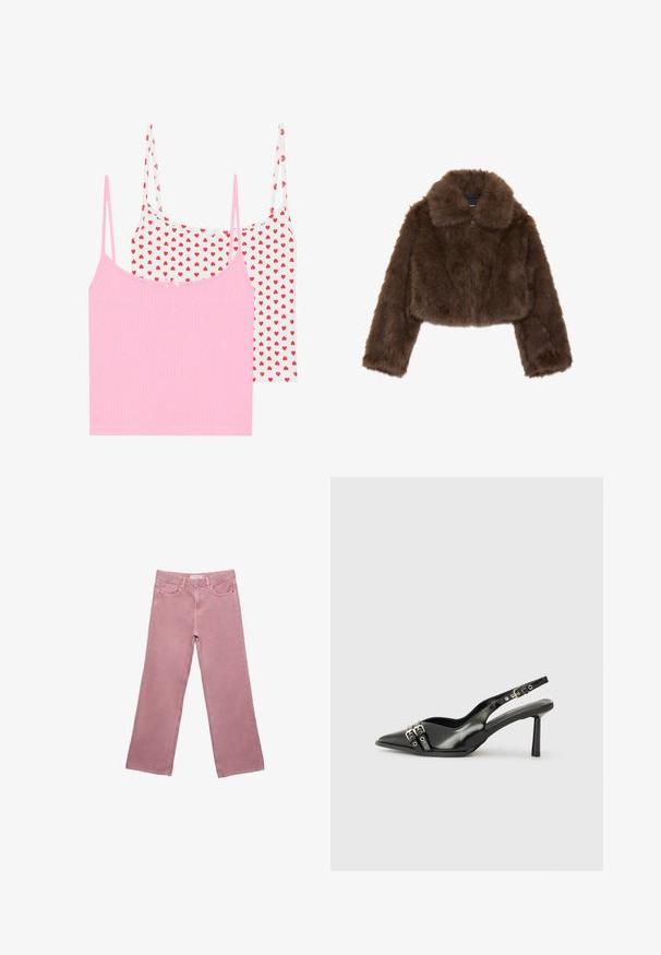 Brun fuskepels cropped jakke med bred krave, lynlåslukning foran og lange ærmer. Blød tekstur med en fnugget fremtoning.; To sæt toppe: en ensfarvet pink med ribbet tekstur, og en hvid med rødt hjerteprint. Hver har tynde stropper og en lille dekorativ sløjfe.; Lyserøde brede jeans lavet af denim, med højt talje, forlommer og diskrete syninger. Glat tekstur uden mønstre.; Sorte patenterede læderslagback sko med spids tå, ankleremme med sølvspænder og hardware samt en slank hæl.