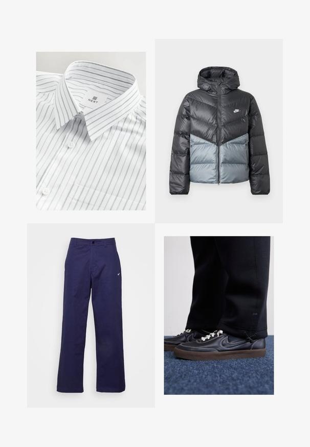 Giacca imbottita con cappuccio, caratterizzata da un design a blocchi di colore in grigio scuro e grigio chiaro, chiusura con zip e logo sul petto.; Camicia bianca con sottili righe verticali grigie, colletto button-down, taschino sul petto e etichetta con marchio cucita all'interno del colletto.; Nike Sportswear PANT - Pantaloni - midnight navy/(white); Nike Sportswear KILLSHOT 2 LTR PRM OPP2 - Sneakers basse - black sail baroque brown mtlc dk grey