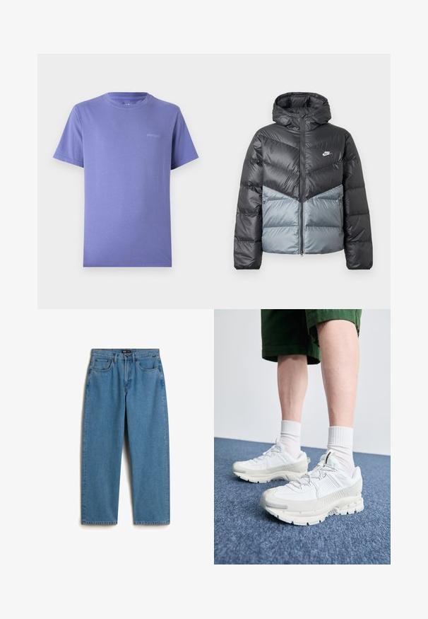 Chaqueta acolchada con capucha, con un diseño en bloques de color en gris oscuro y gris claro, cierre de cremallera y logo en el pecho.; Camiseta de manga corta con cuello redondo en algodón de color púrpura claro. Detalle sutil del logo en la parte frontal, con una textura suave y corte estándar.; Vans Vaqueros baggy - medium blue; Zapatillas deportivas blancas con superposiciones texturizadas, una suela gruesa y acentos grises. Llevadas con calcetines blancos hasta la pantorrilla y pantalones cortos verdes sobre una superficie azul.