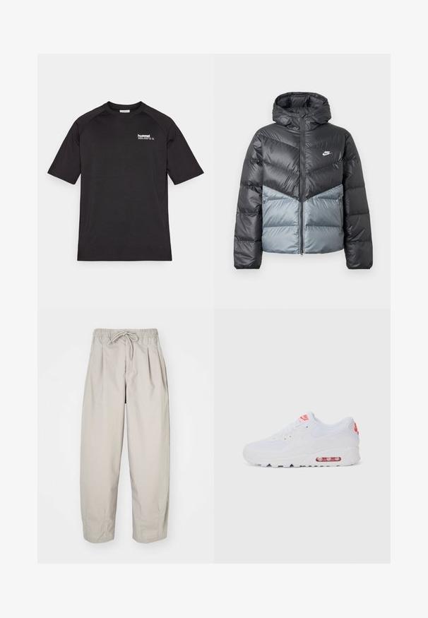 Casaco acolchoado com capuz, apresentando um design de bloco de cores em cinza escuro e cinza claro, fechamento por zip e logotipo no peito.; T-shirt preta de mangas curtas, feita de tecido suave, com o logótipo branco 'hummel' no lado esquerdo do peito e mangas em estilo raglan.; Calças leves, bege, com cintura elástica e cordão. Apresenta pregas e um corte largo, confeccionadas em tecido suave e liso.; Sapatilha atlética branca com parte superior lisa, fecho de atar, sola almofadada e uma unidade de ar visível com detalhes em vermelho na marca.