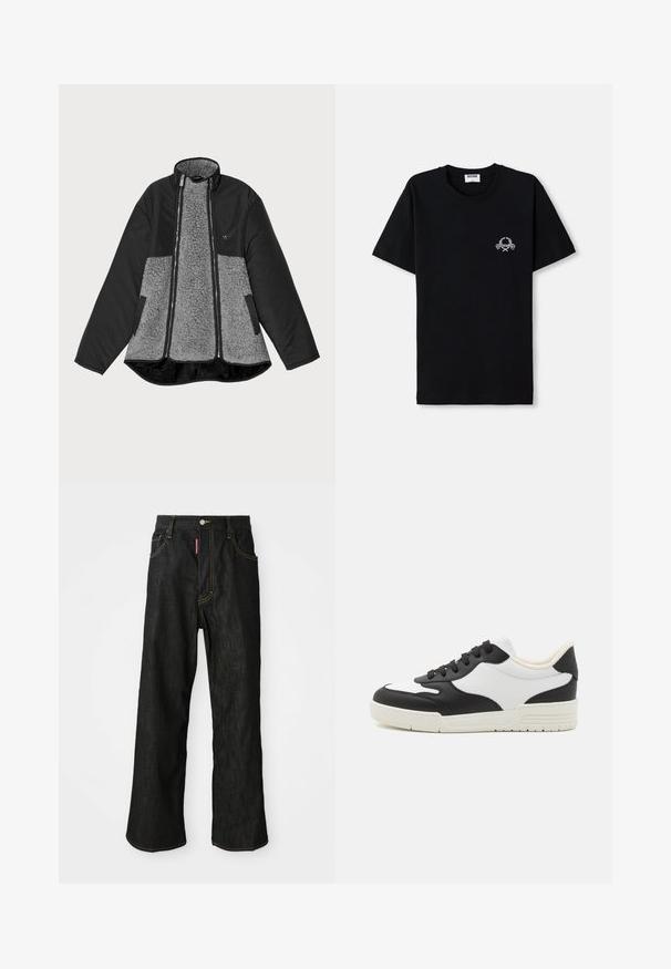 Must musta ja halli jope, millel on fliisist keha ja sile välimus. Omab kõrget kraed, lukku ja küljetaskuid.; Must musträpiga t-särk, millel on ümmargune kaelus. Esipaneelil on väike valge graafiline disain. Lühikesed varrukad ja sirge serv.; Mustad sirgedega teksased, kollase õmblusega, viie taskuga, nööpidega kinnitatavad ja väikese punase sildiga ees paremas taskus.; Mustvalge tennise jalanõud siledast nahast ülaosaga, ümarate varvastega ja tasase kummist tallaga. Omab musti paelu ja pehmet voodrit.