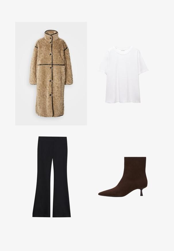 Manteau en fausse fourrure beige avec une surface texturée, col haut, bordures noires et boutons à l'avant. Il présente des manches longues et une coupe décontractée.; T-shirt blanc uni en coton avec un col rond, des manches courtes et une coupe décontractée. Texture lisse sans motifs ni accents.; Pantalons noirs évasés en tissu doux et extensible ; dotés d'une taille lisse et d'une conception à jambes larges ; finition sans couture sur l'ensemble.; Bottine en daim marron avec un bout pointu et un petit talon fin. Surface lisse, design sans coutures, silhouette discrète.