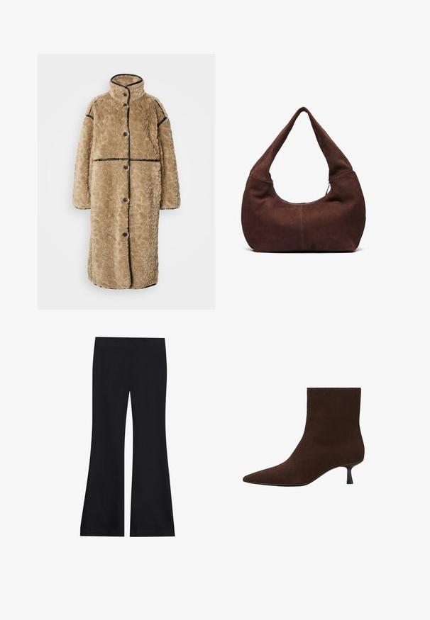 Tan faux-fur takki, jossa on teksturoitu pinta, korkea kaulus, mustat reunat ja etunapit. Ominaisuuksiin kuuluvat pitkät hihat ja rento istuvuus.; Valkoinen t-paita, joka on valmistettu puuvillasta, pyöreällä pääntiellä, lyhyillä hihoilla ja rentona istuvuutena. Suora pinta ilman kuvioita tai koristeluita.; Mustat leveät housut, jotka on valmistettu pehmeästä ja joustavasta kankaasta; sisältää sileän vyötärönauhan ja leveän lahje-suunnittelun; saumatonta viimeistelyä kauttaaltaan.; Ruskeat mokkanahkaiset nilkkurit, joissa on terävä kärki ja hoikka kissankorkokorko. Sileä pinta, saumaton muotoilu ja hillitty siluetti.; Ruskea mokkahobo-laukku, jossa on kaareva, leveä kahva ja suuri aukko. Pehmeä tekstuuri, jossa on näkyvää tikkausta reunoilla.