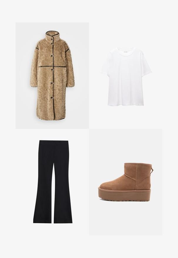 Beige-Faux-Fur-Mantel mit strukturiertem Oberflächen, hohem Kragen, schwarzer Paspelierung und vorderen Knöpfen. Besitzt lange Ärmel und eine lockere Passform.; Ein schlichtes, weißes T-Shirt aus Baumwolle mit rundem Halsausschnitt, kurzen Ärmeln und lockerer Passform. Glatte Textur ohne Muster oder Akzente.; Schwarze Schlaghosen aus weichem, dehnbarem Stoff; bietet einen glatten Bund und ein weites Beindesign; nahtloser Abschluss über das gesamte Kleidungsstück.; Beige Wildleder-Ankle-Boot mit Plateausohle, abgerundetem Zehenbereich und abgesteppten Akzenten; verfügt über eine Zuglasche hinten für einfaches An- und Ausziehen.