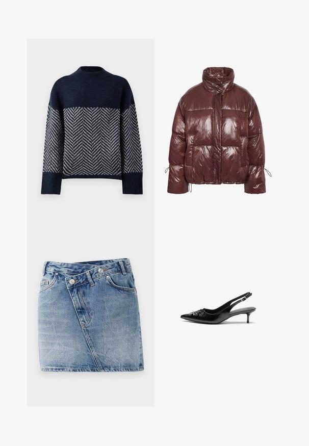 Bordo puhasta jakna, narejena iz sijočega, odebeljenega materiala. Ima visok ovratnik, elastičen vrvico na rokavih in velike sprednje žepke.; Mornarsko modra jopica z visokim ovratnikom, ki ima chevron vzorec v krem barvi. Teksturirana pletenina, padli ramena in rebrasti zaključki rokavov.; Denim mini krilo v svetlo modri barvi, z nagnjenimi šivi, dvema sprednjima žepoma in dvema kovinskima gumboma na pasu. Nošen, teksturiran videz.; Črne usnjene slingback pete z izostrenim nosom, majhno mačje peto in okrasno vozličasto podrobnostjo na sprednjem delu. Gladka tekstura po celotni površini.