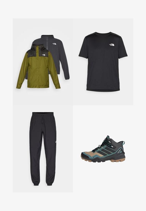To jakker udstillet: en grøn vandtæt jakke med sort krave og logo, og en mørkegrå softshell-jakke med lynlås.; Sort t-shirt med korte ærmer lavet af letvægtsstof. Har et lille hvidt logo på venstre bryst og diskrete skuldrelementer.; Sorte atletiske bukser lavet af letvægtsstof, med en snor i taljen, sidelommer og tapered manchetter ved anklerne.; Vandrestøvler med en kombination af sorte, teal og tan materialer, med en struktureret overdel, sikker snøring og en robust gummisål til godt greb.