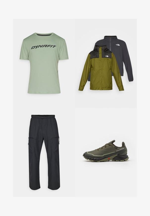Két dzseki látható: egy zöld vízálló dzseki fekete gallérral és logóval, valamint egy sötétszürke softshell dzseki cipzárral.; Világoszöld, rövid ujjú sportpóló, kerek nyakkivágással és fekete "DYNAFIT" logóval a mellkasán. Simább, lélegző anyagból készült.; Fekete cargo nadrág, rugalmas derékkal, két cipzáras zsebbel és könnyű, sima szövet textúrával.; Olíva zöld futócipők texturált szövet felső résszel, fekete gumitalppal, kerek orral és állítható fűzős kialakítással. Piros díszítéssel rendelkezik.