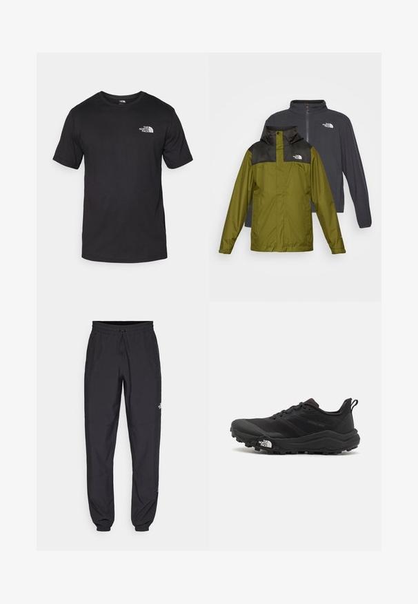 Duas jaquetas em exibição: uma jaqueta impermeável verde com colarinho preto e logotipo, e uma jaqueta softshell cinza escuro com fecho.; T-shirt preto de manga curta feito de algodão, com um decote redondo e um pequeno logótipo branco na parte superior esquerda do peito.; Calças atléticas pretas feitas de tecido leve, com um cós ajustável por cordão, bolsos laterais e punhos afunilados nos tornozelos.; Sapatilha de trail running preta com um upper texturizado, sola de borracha e biqueira reforçada. Possui um colarinho acolchoado e uma alça para facilitar o calçar.