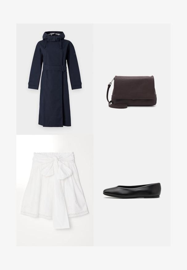 Tumši zils lietusmētelis ar augstu apkakli, garām piedurknēm, regulējamu kapuci un jostu vidukļa daļā. Izgatavots no gludas, ūdensnecaurlaidīgas materiāla.; Pogu krekls maigas rozā audumā ar ģeometrisku rakstu, kas sastāv no dimantiem un trijstūriem pelēkā un melnā krāsā. Garas piedurknes, klasiskā apkakle.; Erdem SKIRT WITH GATHERED WASIT - A-silueta svārki - white; Paul Smith TOPANGA - Balerīnas laiviņas - black; Tiger of Sweden LIMBIATE UNISEX - Soma ar siksnu pāri ķermenim - pure decadence