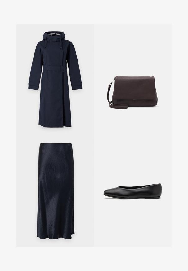 Mornarji modra dežna jakna z visokim ovratnikom, dolgimi rokavi, prilagodljivo kapuco in pasom. Izdelana iz gladkega, vodoodpornega materiala.; Srajca na gumbe v mehkem roza blagu z geometrijskim vzorcem diamantov in trikotnikov v potisnjenih sivih in črnih tonih. Dolgi rokavi, klasičen ovratnik.; Kraljevsko modra mid-length suknja z gladko teksturo, rahlo sijajno površino in stranskim razporkom za enostavno premikanje. Ima minimalističen dizajn.; Paul Smith TOPANGA - Balerinke - black; Tiger of Sweden LIMBIATE UNISEX - Torba čez telo - pure decadence