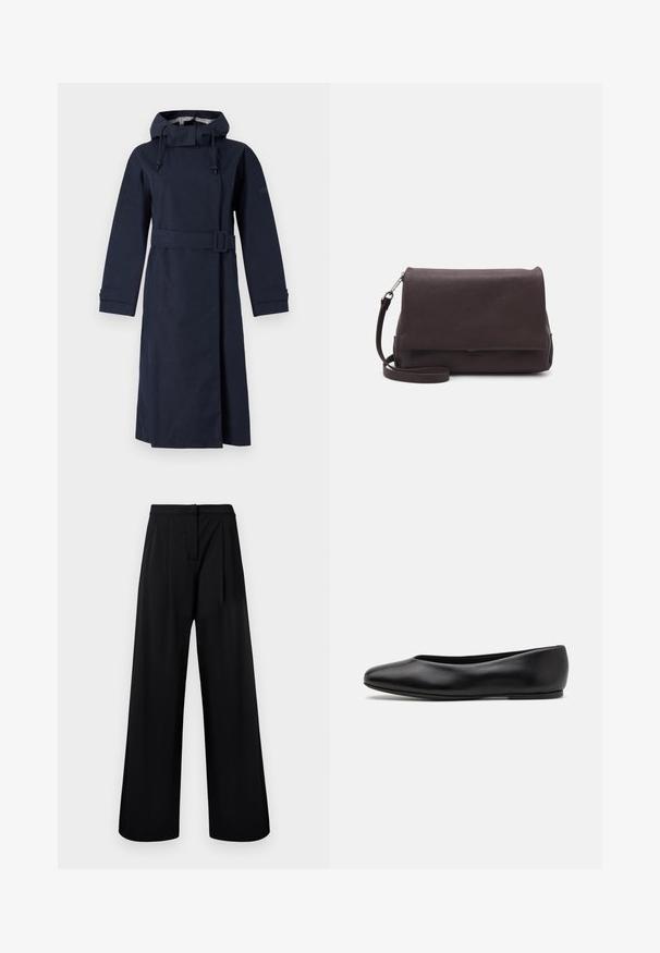 Navy blue raincoat with a high collar, long sleeves, adjustable hood, and a belted waist. Made from a smooth, water-resistant material.; Button-up shirt in soft pink fabric featuring a geometric pattern of diamonds and triangles in muted gray and black. Long sleeves, classic collar.; Black wide-leg trousers made of smooth fabric, featuring a high waist and pleated detailing. No visible embellishments or patterns.; Paul Smith TOPANGA - Ballet pumps - black; Tiger of Sweden LIMBIATE UNISEX - Cross body bag - pure decadence