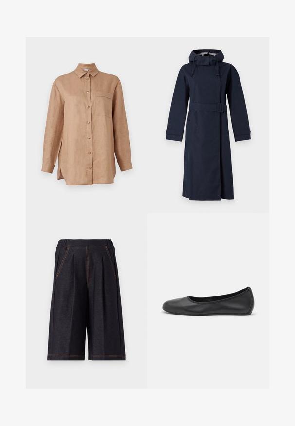 Marineblauer Regenmantel mit hohem Kragen, langen Ärmeln, verstellbarem Kapuzen und tailliertem Bund. Hergestellt aus einem glatten, wasserabweisenden Material.; Hellbraunes, langärmliges Leinenhemd mit Knopfverschluss, Kragen und einer einzelnen Brusttasche. Verfügt über seitliche Schlitze für mehr Bewegungsfreiheit.; Dunkelgraue Shorts aus weichem Stoff, mit Falten und orangefarbigen Nähten. Elastischer Bund für Komfort, knielanges Design.; Schwarze Leder-Ballettschuhe mit abgerundeter Spitze, glatter Textur, minimalen Nähdetails und einem flexiblen Sohlen-Design.