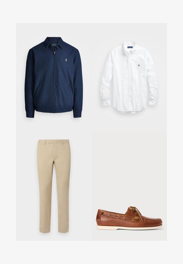 Jaqueta com fecho éclair em azul-marinho, com colarinho, bolsos frontais, punhos elásticos e um pequeno logótipo bordado no peito. Textura de tecido suave.; Camisa de botões de manga longa branca em algodão. Apresenta um colarinho clássico, punhos com botão e um pequeno logótipo bordado em azul-marinho no peito.; Calças de algodão bege com corte reto, apresentando passantes para cinto, frente lisa e bainhas ajustadas. Textura suave e detalhes mínimos.; Sapatilha de barco em pele castanha com atacadores, ilhós dourados e sola em borracha clara. Projetada com um padrão de costura elevada na ponta.