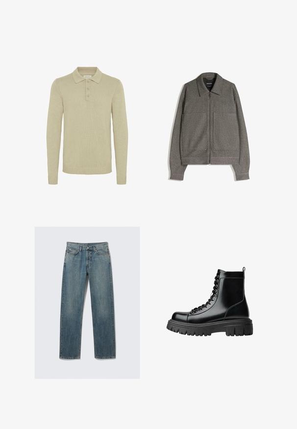 Jachetă gri cu fermoar, cu guler ascuțit, două buzunare mari în față și un material texturat; proiectată cu mâneci largi și o croială lejeră.; Pulover polo bej, din tricot ribăt, cu mânecă lungă, dotat cu o deschidere cu trei butoane și manșete și tiv ribate. Design cu guler clasic.; Jeans din denim drept, de culoare albastră, cu buzunare frontale și pentru monede, curea, și închidere cu buton metalic, pe un fundal simplu.; Ghete negre din piele pentru gleznă, cu talpă masivă, vârf rotund și șireturi frontale. Prezintă o buclă în spate și o finisare netedă.