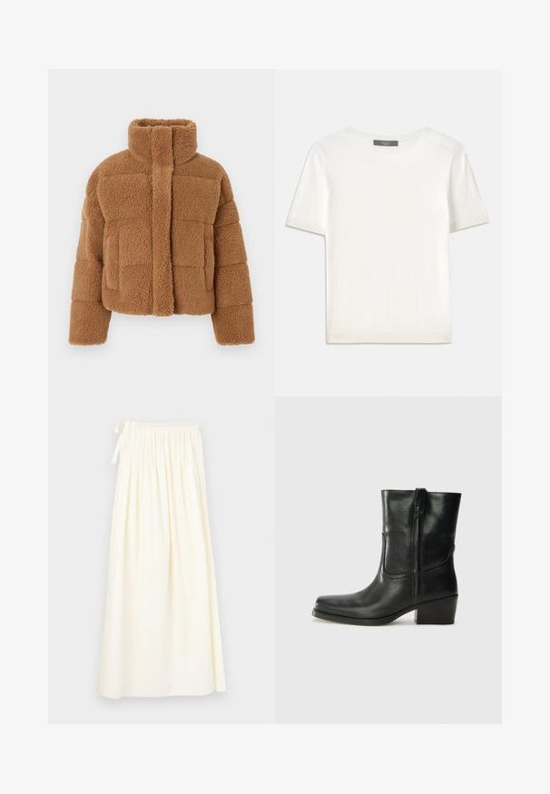 Brun fleecejakke med høj krave, quiltet design og tekstureret stof. Har lukkemekanisme foran og let oversized ærmer.; Hvid kortærmet strikbluse med rund halsudskæring, der har en glat tekstur og subtile ribbede detaljer ved ærmerne og kanten.; Lang, cremefarvet nederdel lavet af letvægtsstof; har en elastisk talje med snøre og et svævende design med minimal tekstur.; Sort læder ankelstøvle med rundt tå, blokhæl, lynlås i siden og stikninger på vampsiden. Glat tekstur, klassisk design.