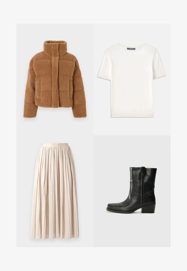 Bruine fleecejas met een hoge kraag, doorgestikt ontwerp en een gestructureerde stof. Voorzien van een voorzak en licht oversized mouwen.; Witte gebreide top met korte mouwen en een ronde halslijn, met een gladde textuur en subtiele ribgebreide accenten bij de mouwen en de zoom.; Plissé midi rok van lichtbeige stof. Voorzien van een elastische tailleband en een vloeiende uitstraling, met een textuur en een zachte val.; Zwarte leren enkellaars met een ronde neus, blokhak, zijrits en stikselaccenten op de wreef. Gladde textuur, klassiek ontwerp.