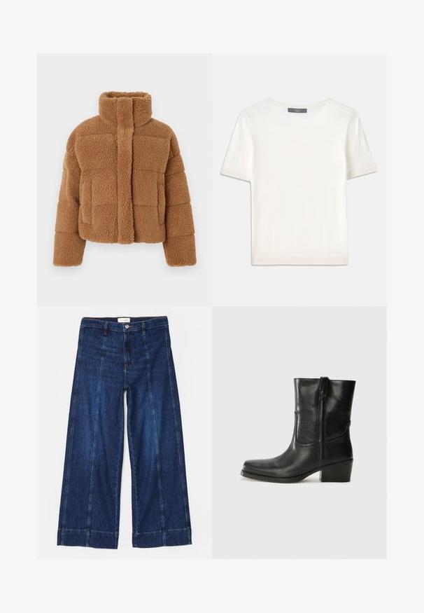 Hnědá fleecová bunda s vysokým límcem, prošívaným vzorem a texturovanou tkaninou. Má přední zapínání a mírně nadměrné rukávy.; Bílý pletený top s krátkým rukávem a kulatým výstřihem, s hladkou strukturou a jemnými ribovými akcenty na rukávech a lemu.; Široké denimové kalhoty v tmavě modré barvě s kontrastním prošíváním, zapínáním na knoflík a jednoduchým lemem. Vyrobené z pevného bavlněného materiálu.; Černá kožená kotníková bota s kulatou špičkou, blokovým podpatkem, bočním zipem a prošíváním na svršku. Hladký povrch, klasický design.