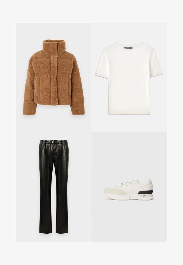 Barna polárdzseki magas gallérral, steppelt mintával és texturált anyaggal. Elöl záródik, enyhén túlméretezett ujjakkal.; Fehér, rövid ujjú kötött felső, kerek nyakkivágással, sima textúrával és diszkrét bordázott részletekkel az ujjain és az alján.; Fekete műbőr egyenes szárú nadrág, gombos és cipzáros záródással, övhurkokkal és oldalsó zsebekkel, fehér háttér előtt bemutatva.; Fehér sneaker, amelynek texturált velúr orrkáva van, sima hálós felsőrésze, díszcsipkéje, valamint fekete gumi sarok kiemelése.