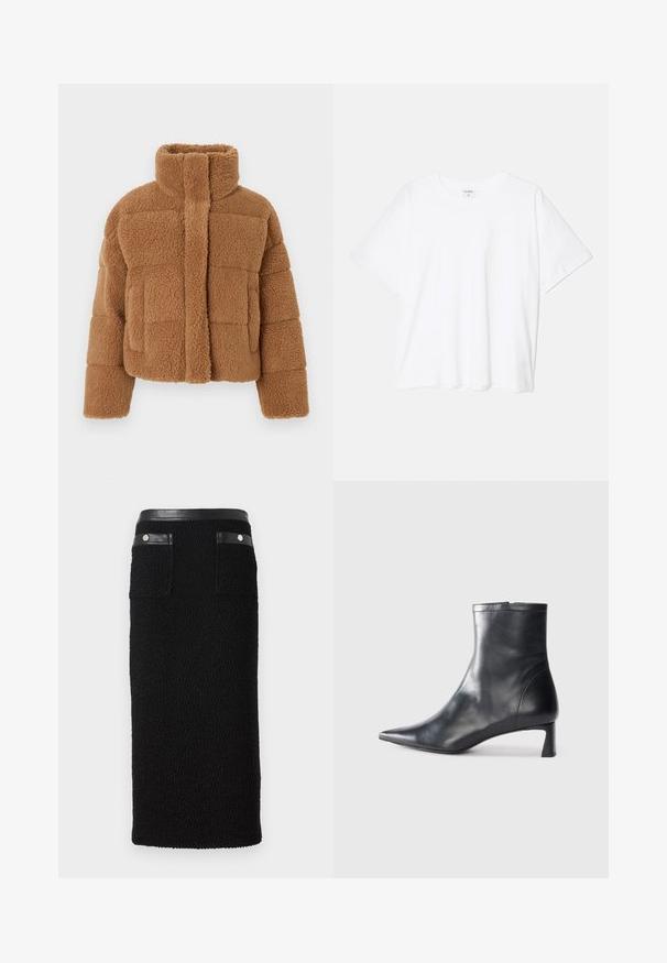 Giacca in pile marrone con collo alto, design trapuntato e tessuto strutturato. Presenta una chiusura frontale e maniche leggermente oversize.; T-shirt bianco in cotone con maniche corte, scollo rotondo, vestibilità comoda e orlo cucito. Etichetta visibile all'interno del colletto.; Gonna nera a matita realizzata in materiale testurizzato, con una cintura nera liscia, due tasche posteriori con accessori in metallo argentato.; Stivaletto in pelle nera con punta affusolata e design elegante. Presenta un tacco basso e una chiusura con zip sul retro. Texture liscia.