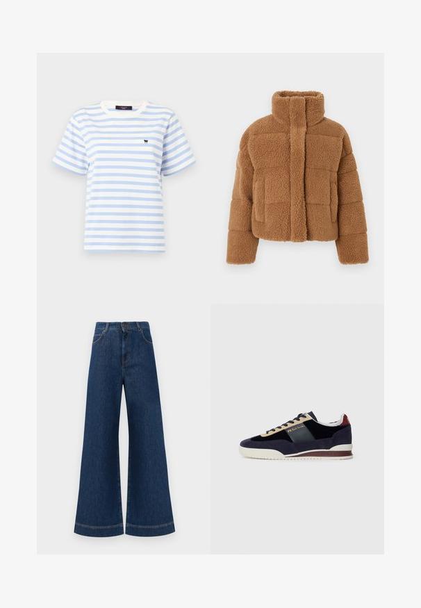 Brown fleece jacket with a high collar, quilted design, and textured fabric. Features a front closure and slightly oversized sleeves.; Weekend Max Mara SATRAPO - Print T-shirt - azzurro; Wide-leg blue denim jeans with a high waist, featuring a button closure, belt loops, and subtle stitching details along the pockets and hems.; Navy suede sneakers with beige and dark blue accents. Features a white rubber sole and gold branding on the side. Classic athletic design.