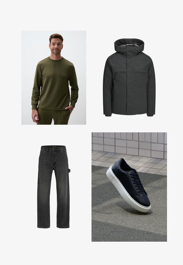 Giacca impermeabile nera con colletto alto, chiusura con zip e due tasche sul petto, dal texture morbida e design minimalista.; Felpa lunga colore verde oliva con maniche lunghe e scollatura rotonda, realizzata in tessuto morbido, con un design semplice e lineare.; Jeans in denim grigio scuro con taglio dritto, cinque tasche, chiusura con bottone metallico e dettaglio con cintura laterale.; Sneaker in pelle nera con punta arrotondata e suola in gomma bianca. Presenta lacci piatti e cuciture minime sulla parte superiore. Suola testurizzata per una migliore aderenza.