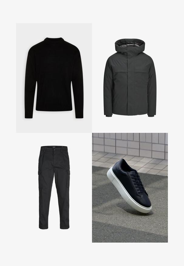 Črna vodoodporna jakna z visokim ovratnikom, zadrgo in dvema prsoma žepoma, gladke teksture in minimalističnega dizajna.; Črn pleten pulover z visokim rebrastim vratnim izrezom. Dolgi rokavi ter rebrasti manšeti in spodnji del. Gladka tekstura s preprostim, klasičnim dizajnom.; Črne cargo hlače iz trdnega blaga, ki imajo več žepov, gumbasto zapiranje in ozek kroj z zožanimi nogami.; Črne usnjene superge z zaobljenim prstom in belim gumijastim podplat. Imajo ravne vezalke in minimalno šivanje na zgornjem delu. Teksturirani podplat za oprijem.