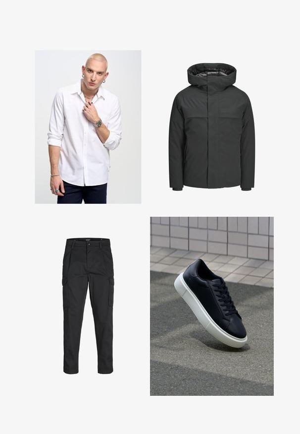 Musta vedenpitävä takki, jossa on korkea kaulus, vetoketjukiinnitys ja kaksi rintataskua, sekä sileä pinta ja minimalistinen muotoilu.; Valkoinen pitkähihainen nappipaita, jossa on kaulus ja punainen yksityiskohta, yhdistettynä sinisiin farkkuihin. Asusteena on koruja ja kello.; Mustat cargo-housut, jotka on valmistettu kestävästä kankaasta. Housuissa on useita taskuja, nappisulku ja kapea istuvuus, jossa on kapenevat lahkeet.; Mustat nahkakengät, joissa on pyöristetty kärki ja valkoinen kumipohja. Varusteena litteät nauhat ja minimaalinen ommel ylhäällä. Teksturoitu pohja pitävyyden lisäämiseksi.