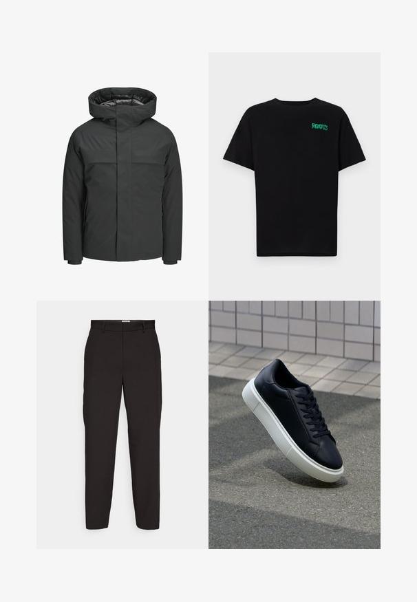 Črna vodoodporna jakna z visokim ovratnikom, zadrgo in dvema prsoma žepoma, gladke teksture in minimalističnega dizajna.; Črna majica iz bombaža z kratkimi rokavi. Na sprednji strani ima zeleno logotip "ROOTS", okroglo ovratnico in standardno prileganje.; Črne hlače iz gladkega blaga, z ravnim krojem, z pasom in stranskimi žepi. Brez vidnih vzorcev ali dodatkov.; Črne usnjene superge z zaobljenim prstom in belim gumijastim podplat. Imajo ravne vezalke in minimalno šivanje na zgornjem delu. Teksturirani podplat za oprijem.