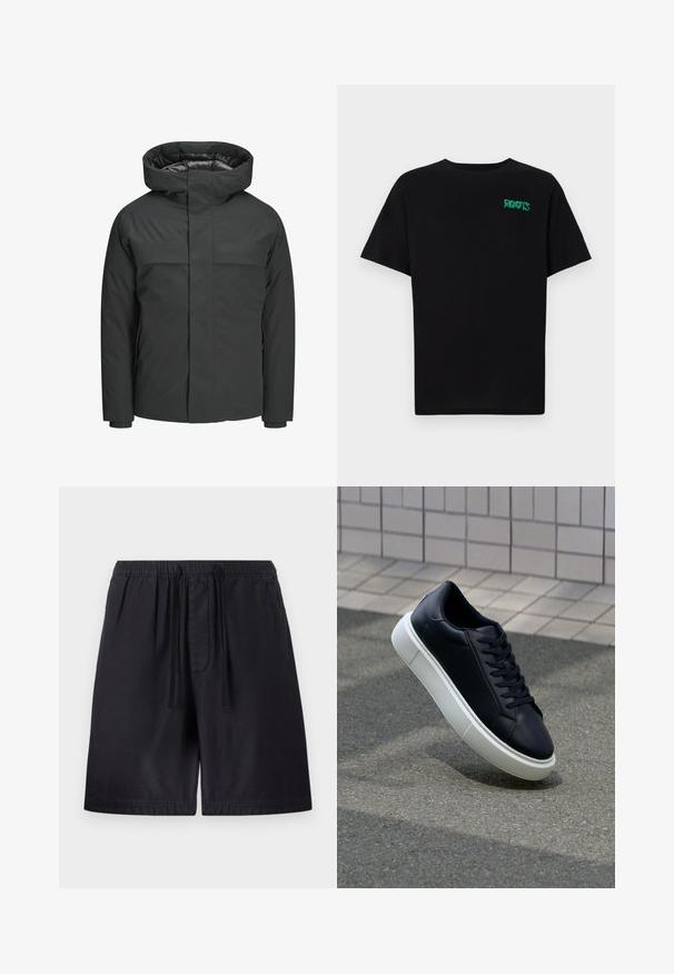 Veste imperméable noire avec un col montant, fermeture zippée et deux poches poitrine, au texture lisse et au design minimaliste.; T-shirt noir en coton à manches courtes. Présente un logo "ROOTS" vert sur le devant, un col rond et une coupe standard.; Shorts noirs avec une taille élastique, dotés d'un cordon de serrage, de poches latérales et d'un tissu léger pour plus de confort. Coutures visibles.; Baskets noires en cuir avec bout arrondi et semelle en caoutchouc blanc. Elles présentent des lacets plats et une couture minimale sur la tige. Semelle texturée pour une bonne adhérence.