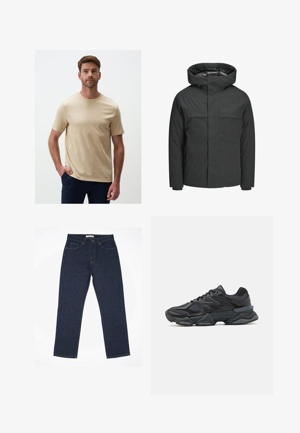 Zwarte waterdichte jas met een hoge kraag, ritssluiting en twee borstzakken met een gladde textuur en minimalistisch ontwerp.; Beige T-shirt met korte mouwen van gladde stof, met een ronde halslijn, voorzien van een regular fit en minimale naden.; Donkerblauwe jeans van denim, met een rechte pasvorm, vijf-pocket ontwerp en contrasterende stiksels langs de naden.; Zwarte hardloopschoen met een mix van mesh en synthetische materialen, een stevige zool, gebogen ontwerp en prominente branding op de zijkant.