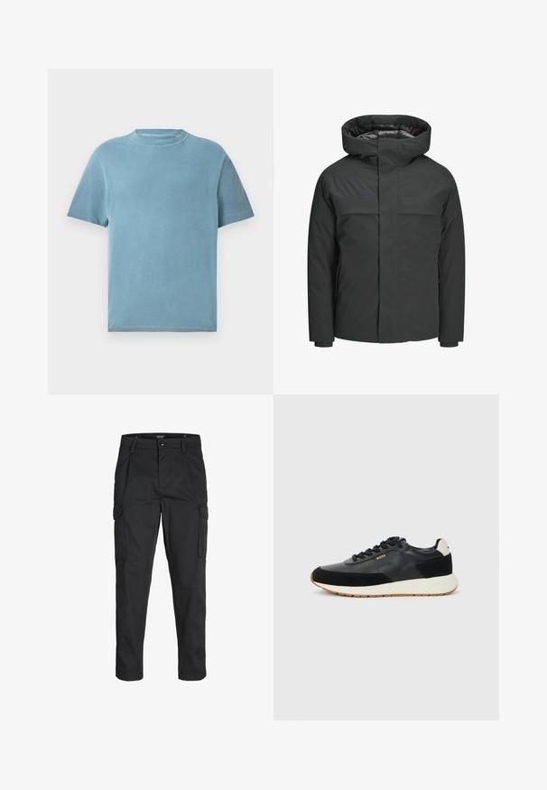 Zwarte waterdichte jas met een hoge kraag, ritssluiting en twee borstzakken met een gladde textuur en minimalistisch ontwerp.; Korte mouwen, ronde hals t-shirt in lichtblauw katoen. De stof lijkt zacht met een gladde textuur en minimale stikdetails.; Zwarte cargobroek van stevig stof, met meerdere zakken, een knoopsluiting en een slim fit ontwerp met taps toelopende benen.; Zwarte sneaker met een mix van gestructureerd leer en suede, met een witte tussenzool en een gumrubberen buitenzool. Veters in bijpassend zwart.