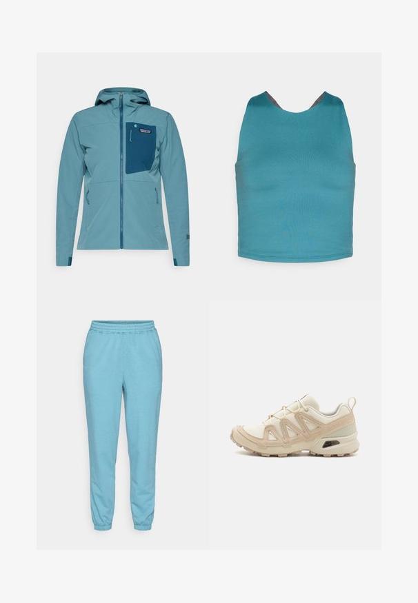 Mėlyna, lengva striukė su užtrauktuku priekyje, reguliuojama kapuča ir krūtine kišenė. Yra elastingi rankogaliai ir tekstūruotas audinio raštas.; Žalias tamprus tanktopas su apvaliu kaklu ir pilku akcentu nugaroje. Lygus audinys, prigludusi forma be papildomų raštų ar detalių.; Šviesiai mėlyni sportiniai šortai, pagaminti iš minkštos, tekstūruotos medžiagos, su elastingu juosmeniu ir rankovėmis, atsipalaidavusio silueto ir susiaurėjančiomis kojomis.; Bežinės ir kreminės spalvos sportinės bateliai su tekstūruoto tinklelio viršutine dalimi, palaikančiomis detalėmis ir guminiais padais, turinčiais raštą, užtikrinantį sukibimą.