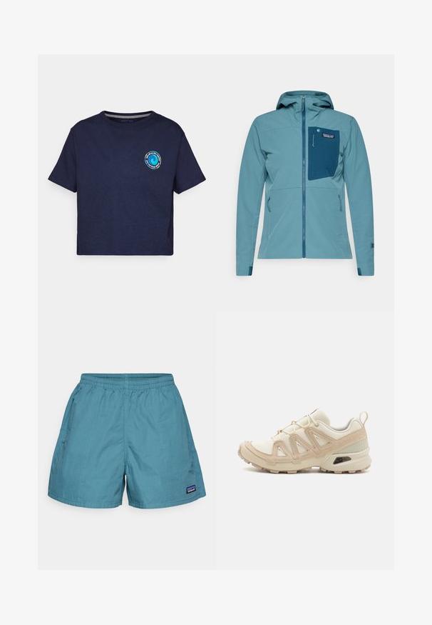 Plava, lagana jakna s patentnim zatvaračem sprijeda, prilagodljivom kapuljačom i džepom na prsima. Ima elastične manžete i teksturirani uzorak tkanine.; Patagonia UNITY FITZ EASY CUT RESPONSIBILI-TEE - Majica kratkih rukava s printom - new navy; Svijetloplave muške kupaće hlače izrađene od brzosušeće tkanine; s elastičnom waistbandom i bočnim džepovima. Patagonia oznaka na rubu.; Bež i kremasti sportski tenisice s teksturiranim mrežastim gornjim dijelom, potpornih preklopa i gumeni potplat s uzorcima za prianjanje.