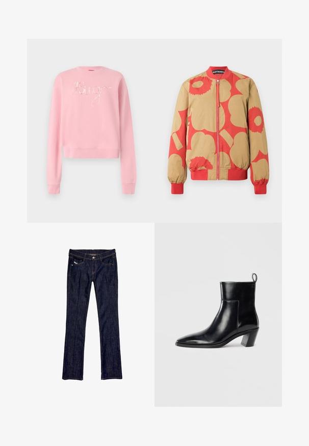 Bumbvedera jaka ar bēša un sarkana ziedu rakstu, ar rāvējslēdzēja aizdari un ribām aprocēm. Izgatavota no gludas auduma.; Rozā sporta krekls ar apaļu kakla izgriezumu, garām piedurknēm un īsu dizainu, ar spīdīgu "Hugo" uzrakstu priekšpusē. Gluda tekstūra.; Tumši zilie džinsi ar taisnu kāju dizainu, ar priekšējo pogu aizdari, piecām kabatām un redzamām diega šuvēm.; Melnas ādas potītes zābaki ar norādītu purngalu, ģeometrisku stieptu papēdi un cilpu aizmugurē. Gluda tekstūra un elegants dizains.