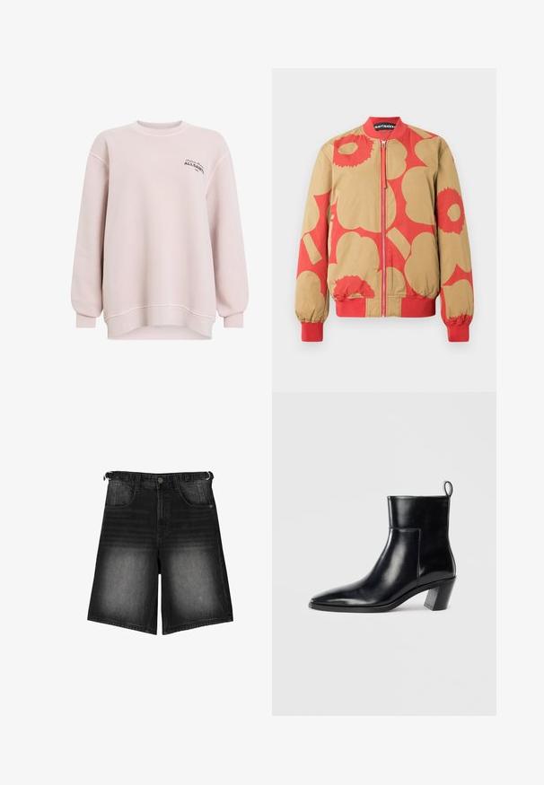 Bombaripaita, jossa on beige ja punainen kukkakuvio, vetoketjulla ja resoreilla varustetut hihansuut. Valmistettu sileästä kankaasta.; Vaaleanpunainen huppari, joka on valmistettu pehmeästä kankaasta. Siinä on pyöreä kaula-aukko, pitkät hihat ja logot yksityiskohtana vasemmassa rinnassa. Rentomallinen.; Mustat farkkushortsit, joissa on kulunut pinta, viisi taskua, napitus ja vyölenkit. Kankaassa on sileä rakenne.; Musta nahkainen nilkkuri, jossa on terävä kärki, geometrinen pinoettu korko ja vetotappi takana. Sileä pinta ja tyylikäs muotoilu.