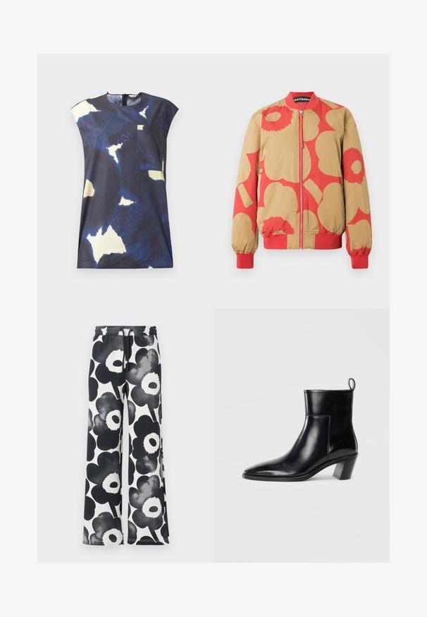 Bomber jacket with a beige and red floral pattern, featuring a zipper closure and ribbed cuffs. Made from a smooth fabric.; Navy blue top with abstract light yellow and white patterns. Features a rounded neckline and a small patch pocket on the front.; Wide-leg pants in black and white floral pattern, featuring a drawstring waist and smooth texture, with large stylized flower designs.; Black leather ankle boot with a pointed toe, a geometric stacked heel, and a pull tab at the back. Smooth texture and sleek design.