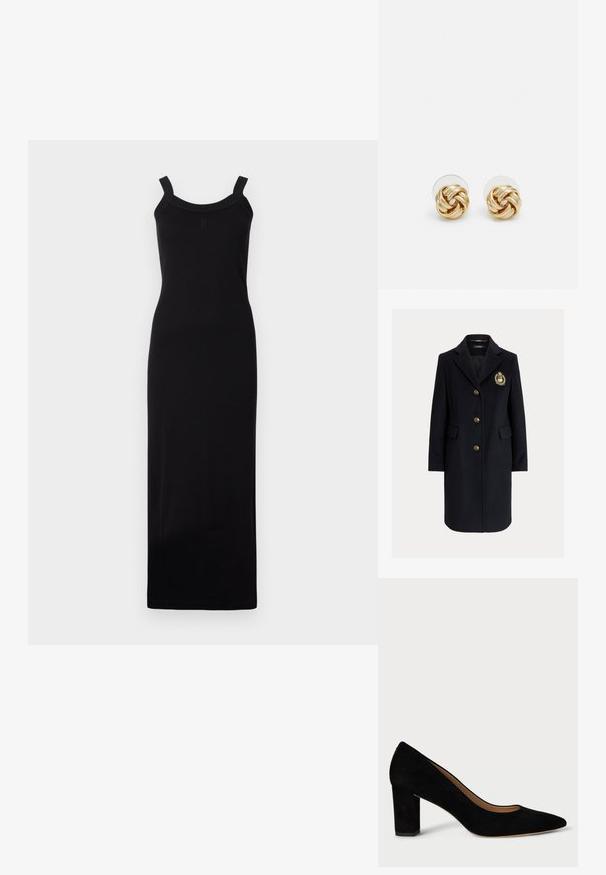 Palton bleumarin din amestec de lână, cu rever decupat, nasturi aurii și detaliu cu blazon. Are două buzunare frontale și o siluetă croită.; Rochie maxi neagră, fără mâneci, cu o siluetă ajustată, decolteu rotund și bretele texturate. Construită dintr-un material ușor.; Pantof cu toc înalt din suede negru, cu vârful ascuțit și toc pătrat. Designul prezintă o textură netedă și o siluetă clasică.; Cercei cu tija aurie, cu un design răsucit. Fiecare cercel are un fundal circular transparent pentru o purtare sigură.