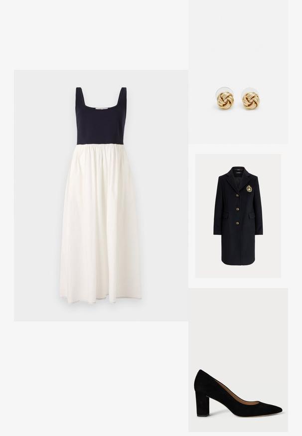 Gyapjú keverék tengerészkék kabát bevágott gallérral, arany gombokkal és címer részlettel. Két elülső zsebvel és szabott sziluettel rendelkezik.; Sötétkék ujjatlan ruha négyzet alakú nyakkivágással, fehér, redőzött szoknyával. Könnyű anyagból készült, a szegésen látható varrással.; Krém színű, rövid ujjú felső hajónyakú kivágással, puha anyagból. Felhajtott mandzsettákkal és karcsúsított fazonnal rendelkezik.; Fekete velúr magassarkú cipő, hegyes orral és tömbsarkal. A dizájn sima textúrával és klasszikus szilhuettel rendelkezik.; Arany színű csomó fülbevalók, csavart formával. Minden fülbevaló mögött egy kör alakú átlátszó támasz található a biztonságos viselés érdekében.