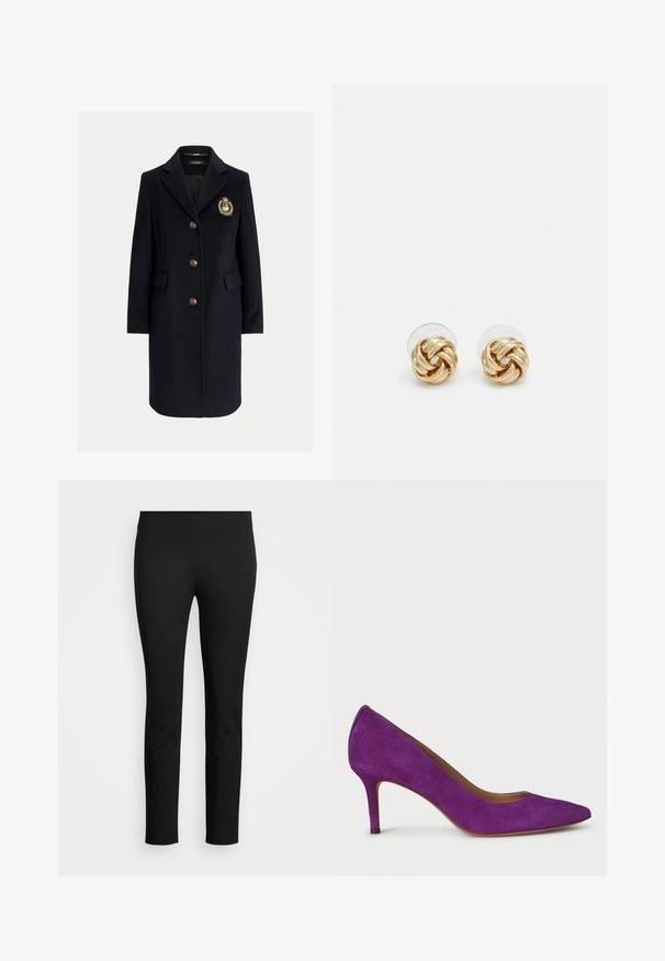 Volnen plašč temno modre barve z zarezo na ovratniku, zlatimi gumbi in grbom. Ima dva sprednja žepa in krojen silhuet.; Kremno obarvana majica kratkih rokavov z ladijskim izrezom, izdelana iz mehke tkanine. Ima zavihane manšete in oprijet dizajn.; Črne legice iz elastičnega materiala, z ožjim krojem in gladko teksturo brez vidnih vzorcev ali poudarkov.; Ljubičasta nubuk visokotarna čizma s špicastim nosom, elegantnim dizajnom i približno 7,5 cm visokom potpeticom. Glatka unutrašnjost i minimalne detalje.; Klavirske uhani v zlatem tonu s zvitim dizajnom. Vsak uhán je opremljen s krožno prozorno podlago za zagotavljanje varne nošnje.
